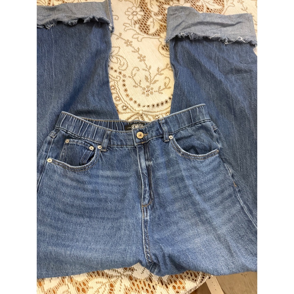 Rewash Brand Women Blue High Waisted Wide Leg Jeans Elastic Back Frayed Hem 7/28
